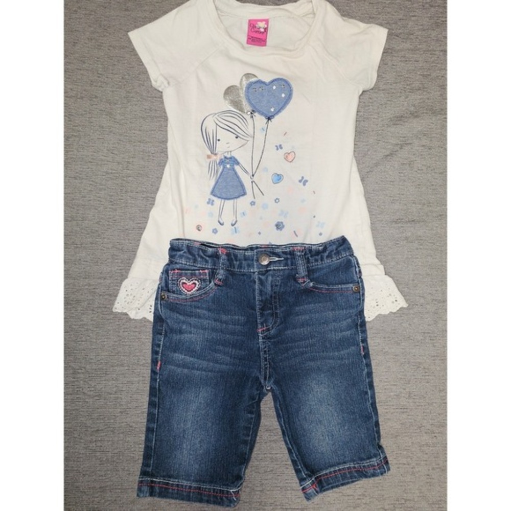 Girls Jean Outfit Set 4T Top‎ and Denim Capris Heart Balloons White Blue
